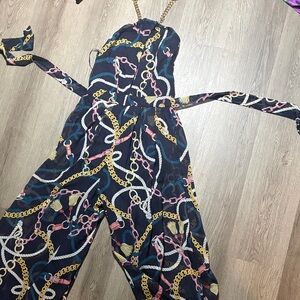 Fashion Nova Navy Chain-Print Jumpsuit with Gold Accents